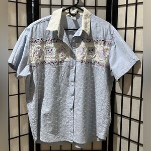 JANE ASHLEY VINTAGE Light Blue Embroidered Short Sleeve Button-Up Shirt SIZE 1X
